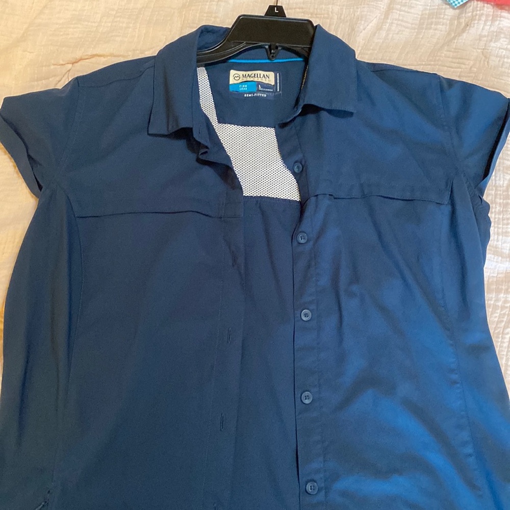 Navy Large Magellan Semi-Fitted Fish Gear Button Down Shirt, Cuffed Sleeves